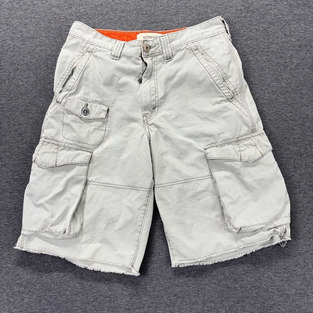 VTG Levi's Workwear Cargo Shorts Mens 30x12 Gray Raw Hem Y2K Utility Military